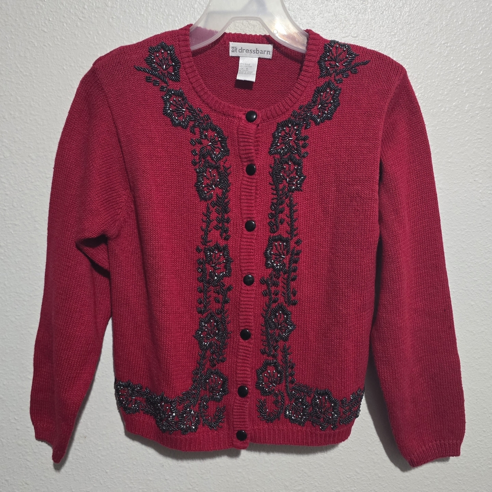 Vintage Red DRESS BARN Beaded Floral Design Cardigan Sweater Long Sleeve Small